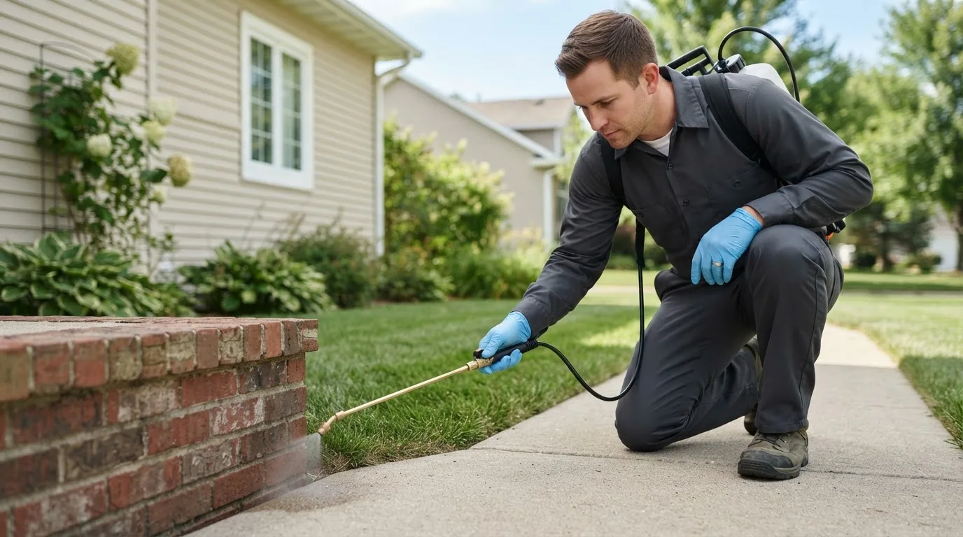 Pest control technician treating a home near Cromwell, CT